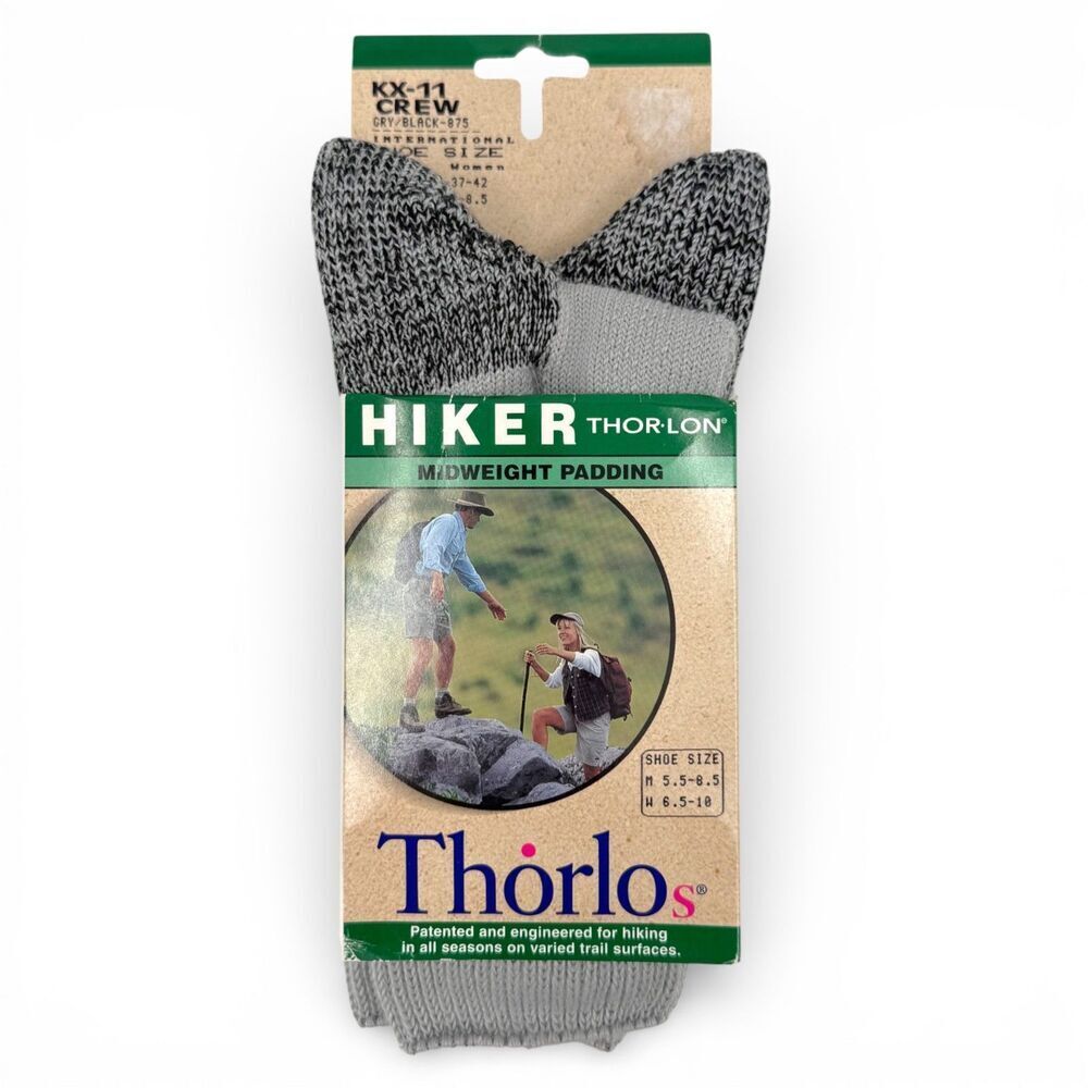 NEW Vintage 2000 Thorlos Midweight Hiker Crew Socks Gray/Black M5.5-8.5/W6.5-10